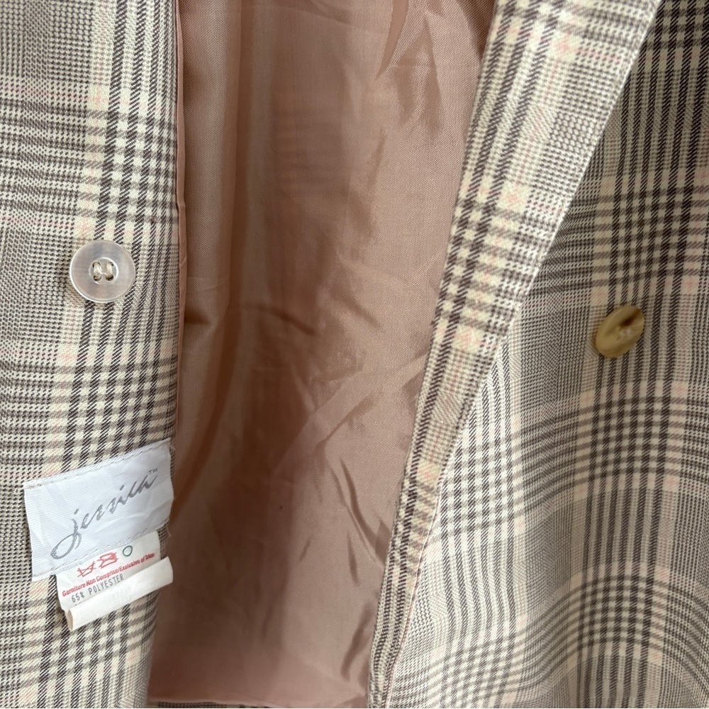 VTG 90s Jessica Blazer Checks Plaid Tan Beige Lined Sz. 10 - Picture 5 of 6